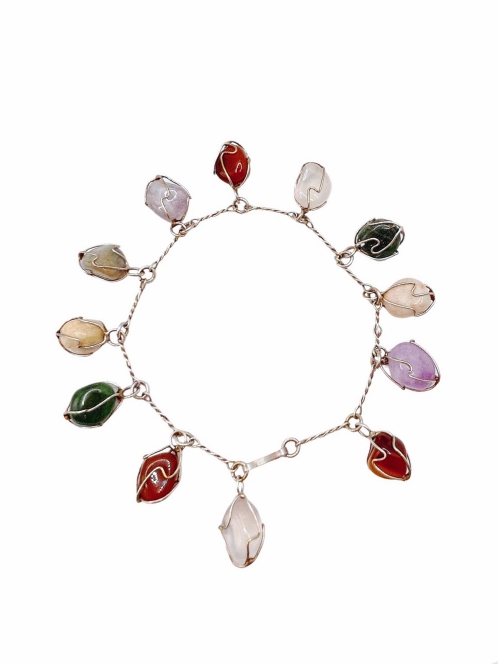 Vintage Sterling Multi Gemstone Wire Caged Crystal Charm Healing Bracelet